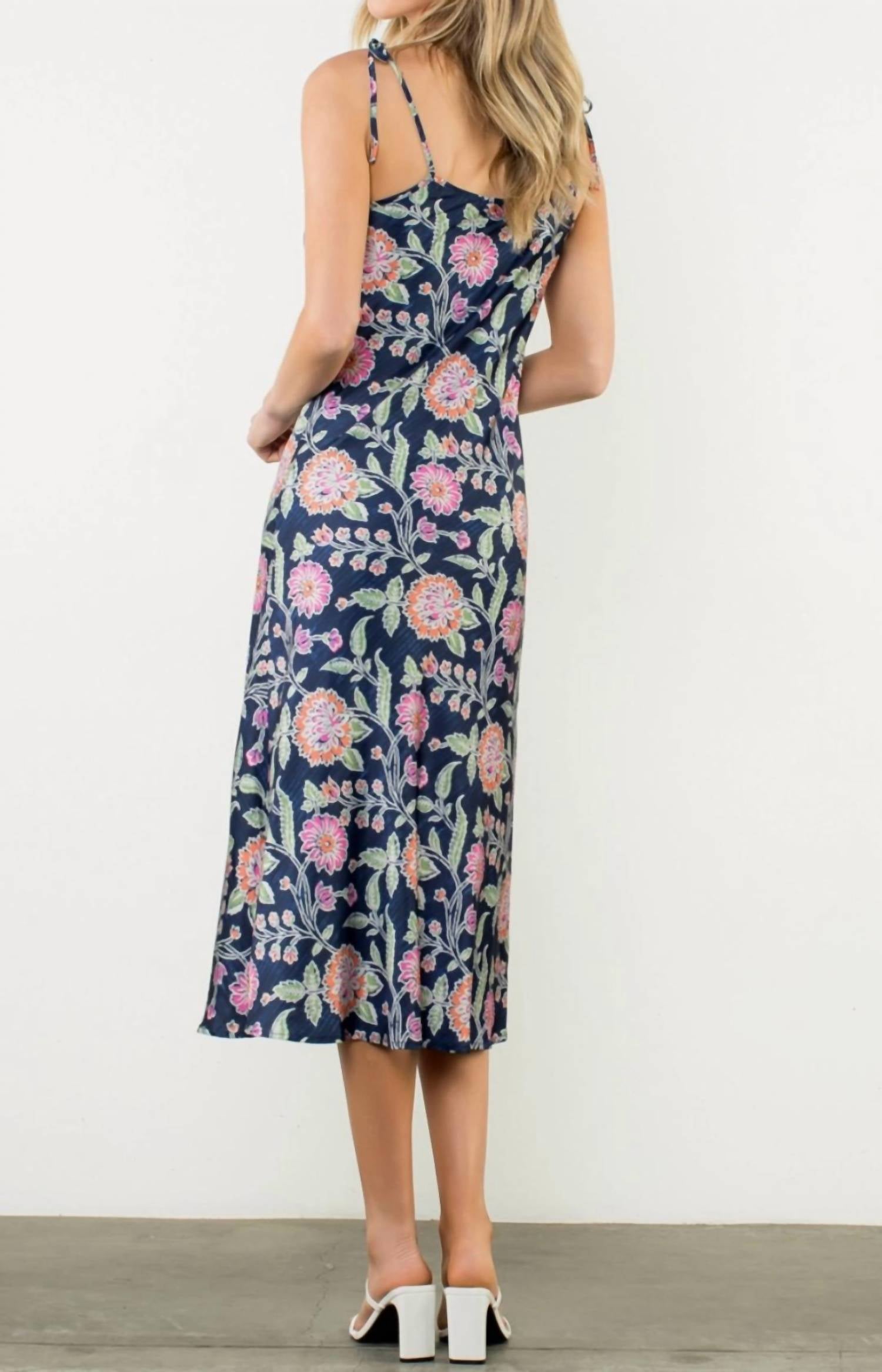 THML Women's Tie Strap Cowl Neck Floral Midi Dress in blue multi - women's dress - detail view