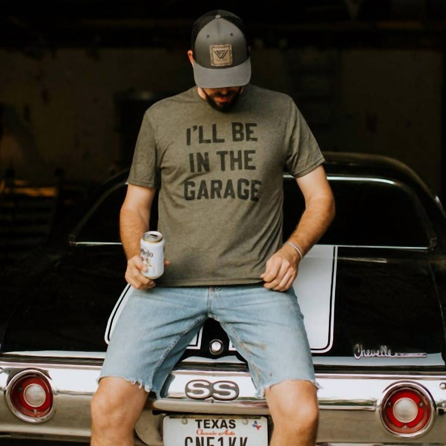 mugsby I'll Be In The Garage Graphic Tee in the garage graphic tee in deep green - men's t-shirt - detail view