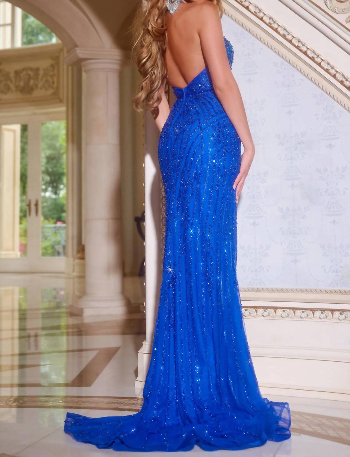 Jovani - Beaded Halter Low Back Gown