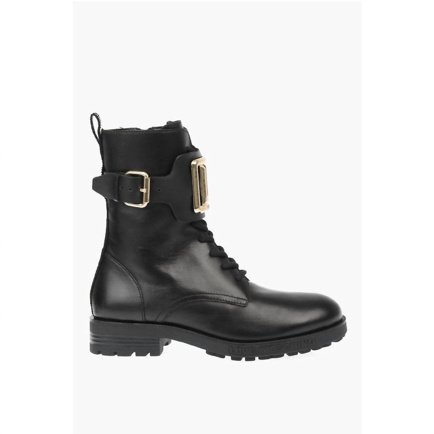 Moschino - Women’s Love Leather Combat Boots With Side Zip And Golden Detail