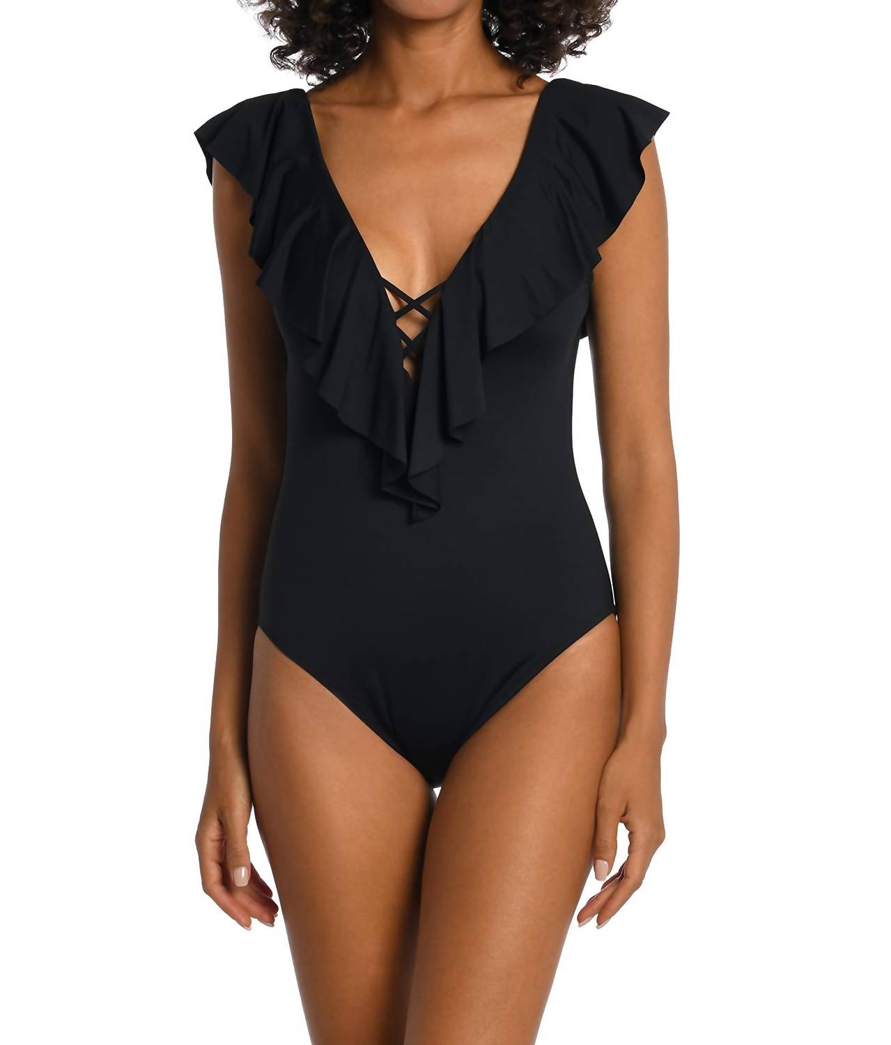 La Blanca Island Goddess Over The Shoulder Ruffle Plunge One Piece in black - women's swimwear - view 4