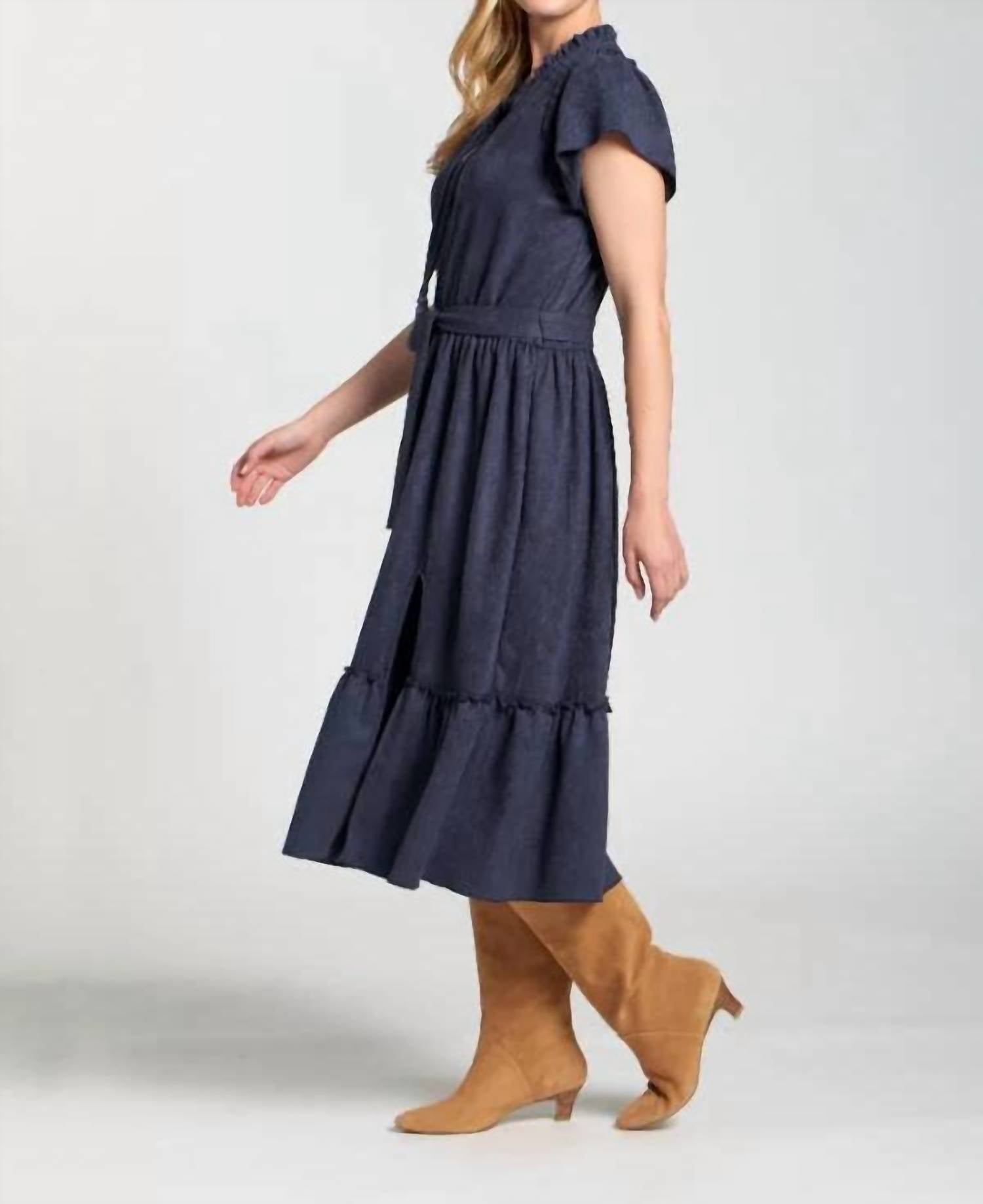 Apny - Vegan Suede Short Sleeve Dress With Smocked Sleeves