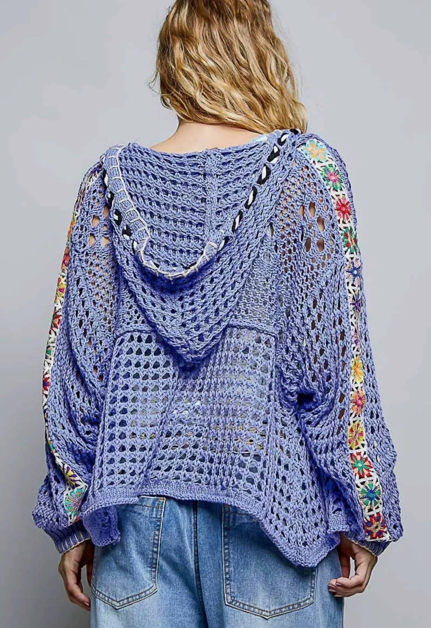 POL Crochet Zip-up Cardigan Hoodie in periwinkle - women's top - view 4