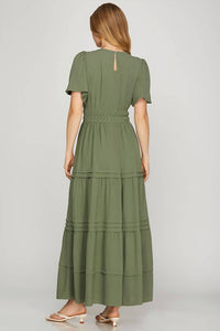 She + Sky - Surplice Pintuck Tiered Maxi Dress