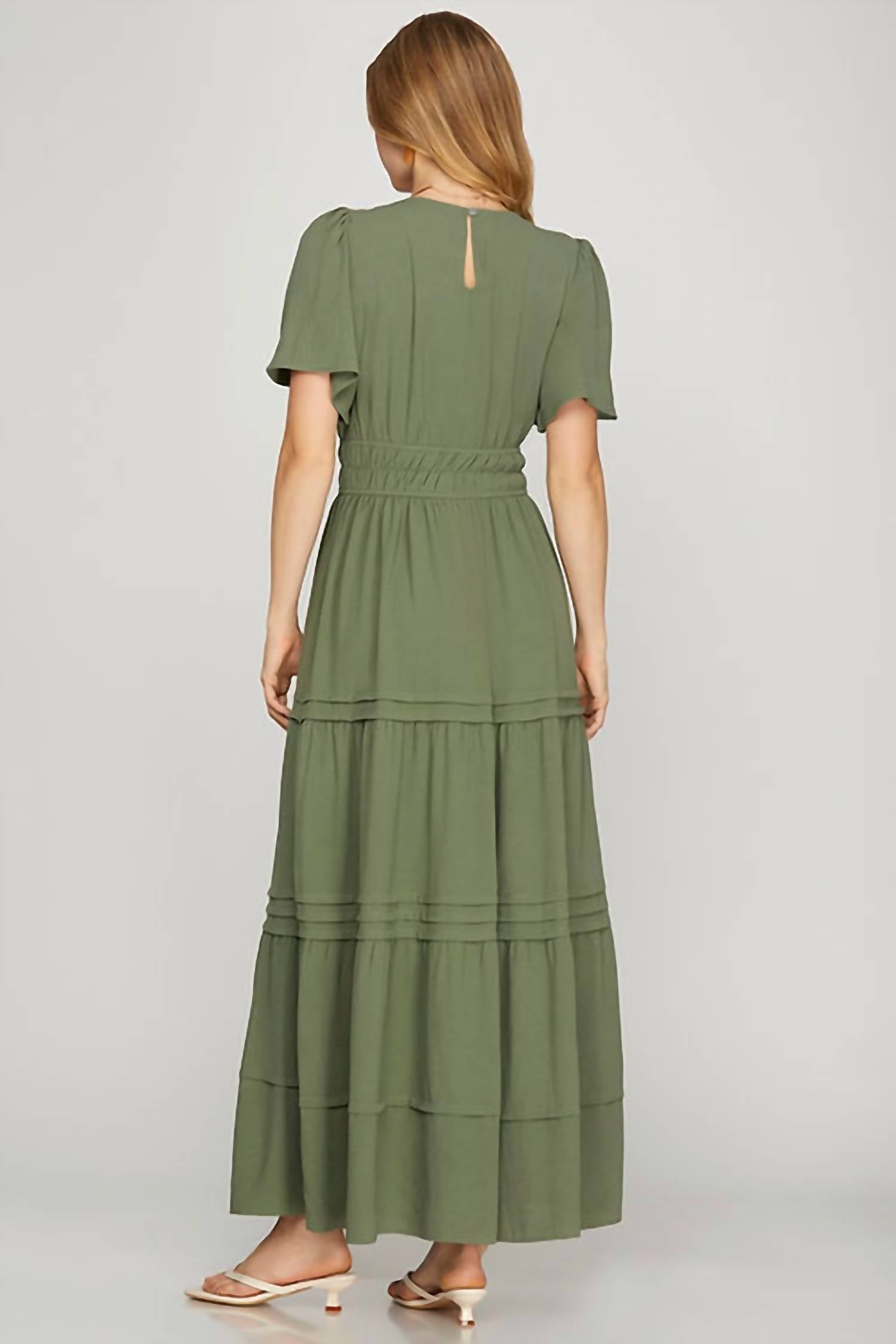 She + Sky - Surplice Pintuck Tiered Maxi Dress