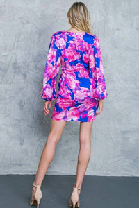 FLYING TOMATO Surplice Floral Printed Satin Mini Dress in blue fuchsia - women's dress - detail view