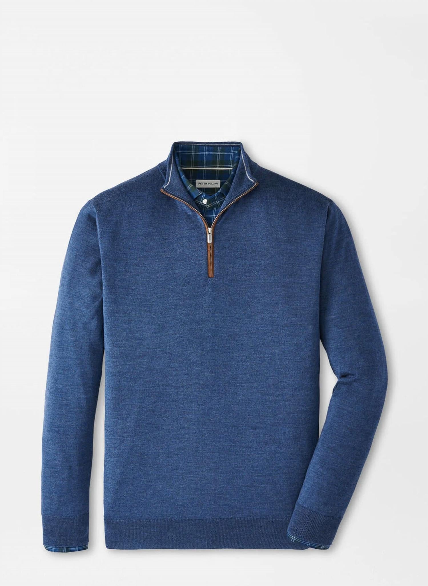 PETER MILLAR Autumn Crest Suede Trim Quarter Zip Sweater in blue haze - men's sweater - alternate view