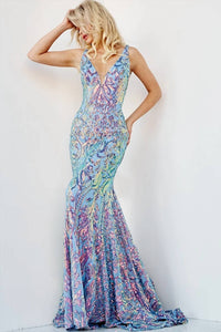 Jovani - V-neck Open Back Dress