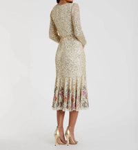 Mac Duggal - Faux Wrap Long Sleeve Tea Length Sequin Dress