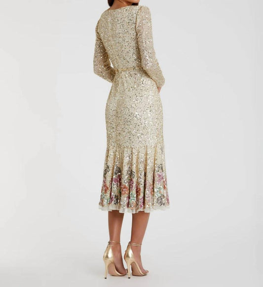 Mac Duggal - Faux Wrap Long Sleeve Tea Length Sequin Dress