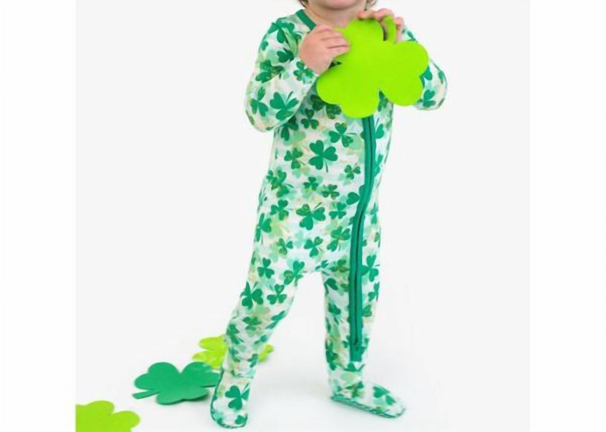 RuffleButts Kid's Bamboo Clover Field Footed Pajama in green - kids' item - alternate view