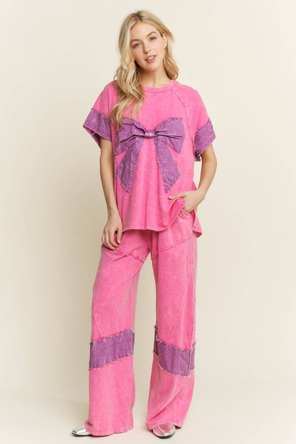 J.Her - Mineral Washed Denim Patched Wide Leg Pants