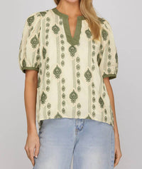 She + Sky - Sage Embroidered Bubble Sleeve Top