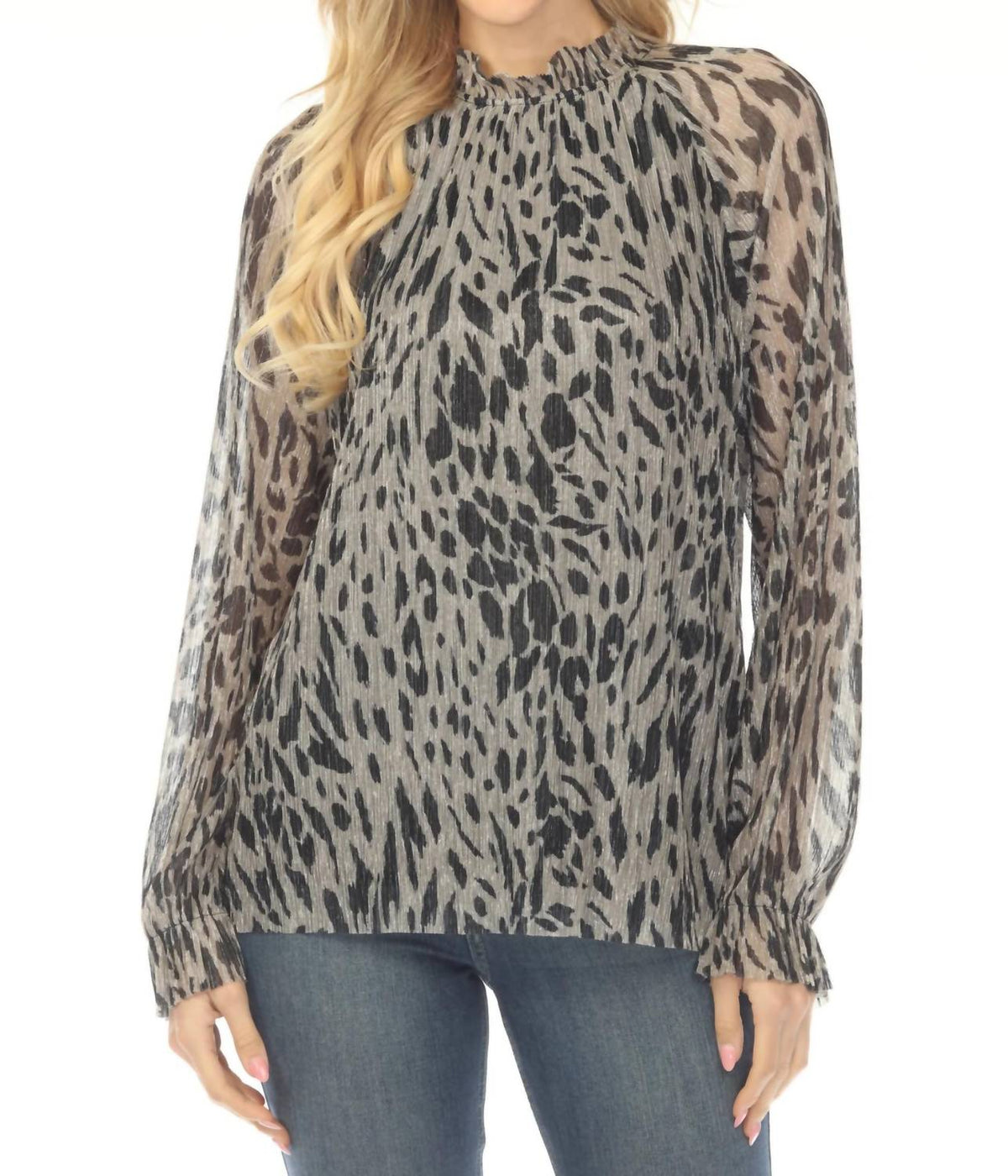 Joseph Ribkoff - Animal Print Pleated Metallic Mesh Blouse