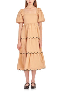 English Factory - Puff Sleeve Scallop Trim Cotton Midi Dress