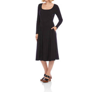 Karen Kane Long Sleeve Ribbed Scoop Neck A-Line Dress in black - women's dress