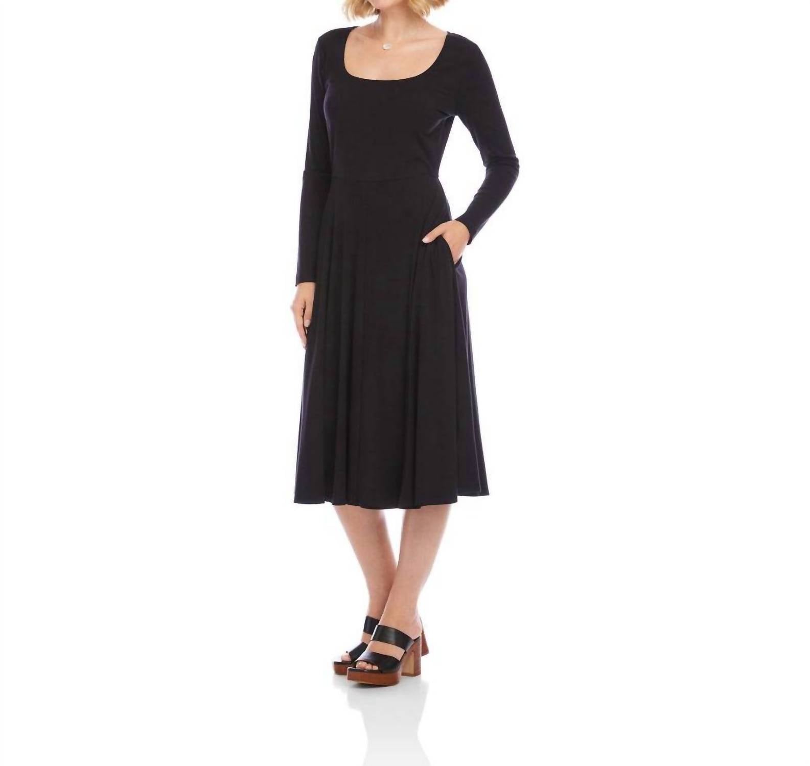 Karen Kane Long Sleeve Ribbed Scoop Neck A-Line Dress in black - women's dress
