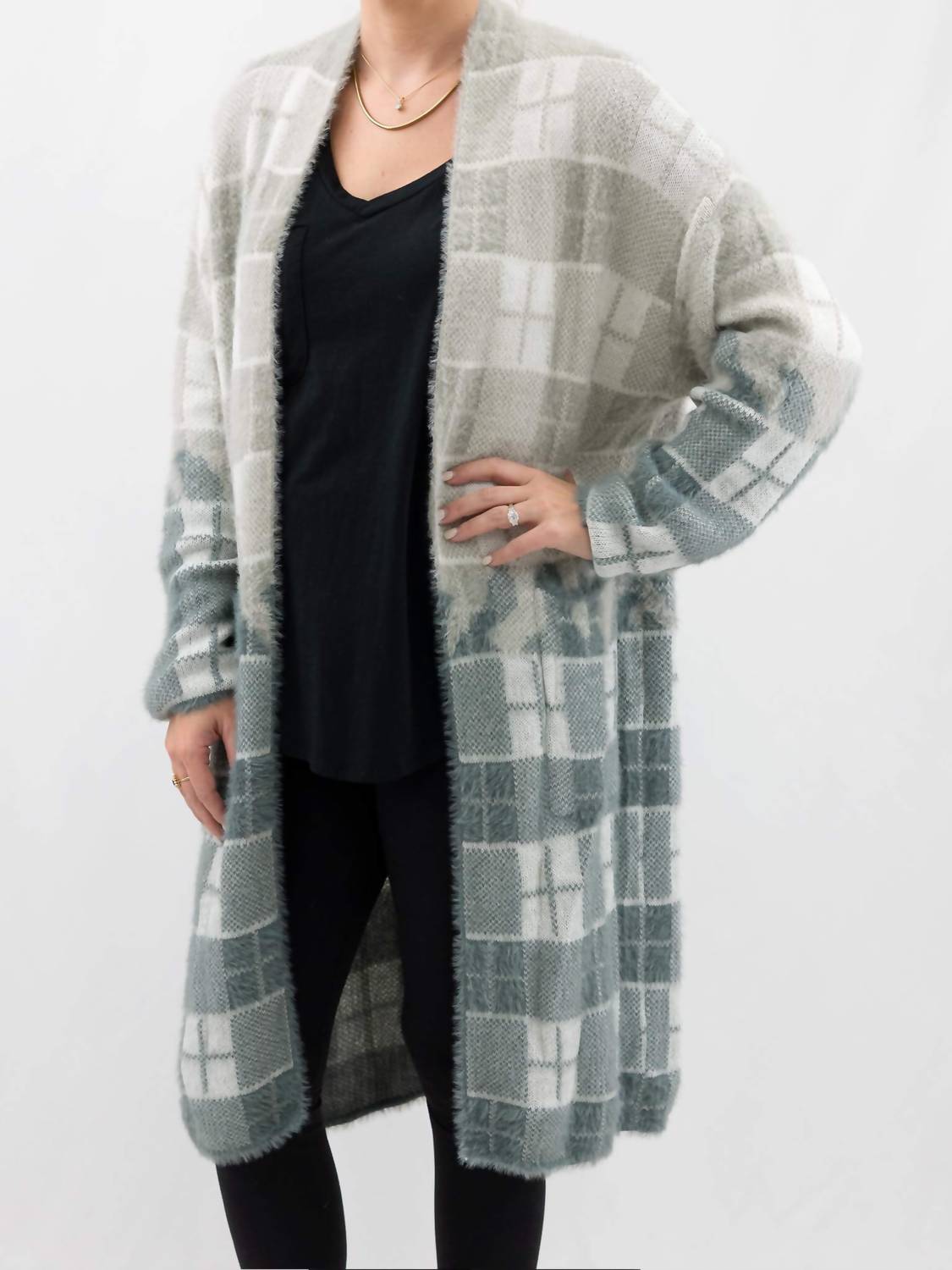 Davi & Dani - Plaid Fuzzy Long Cardigan