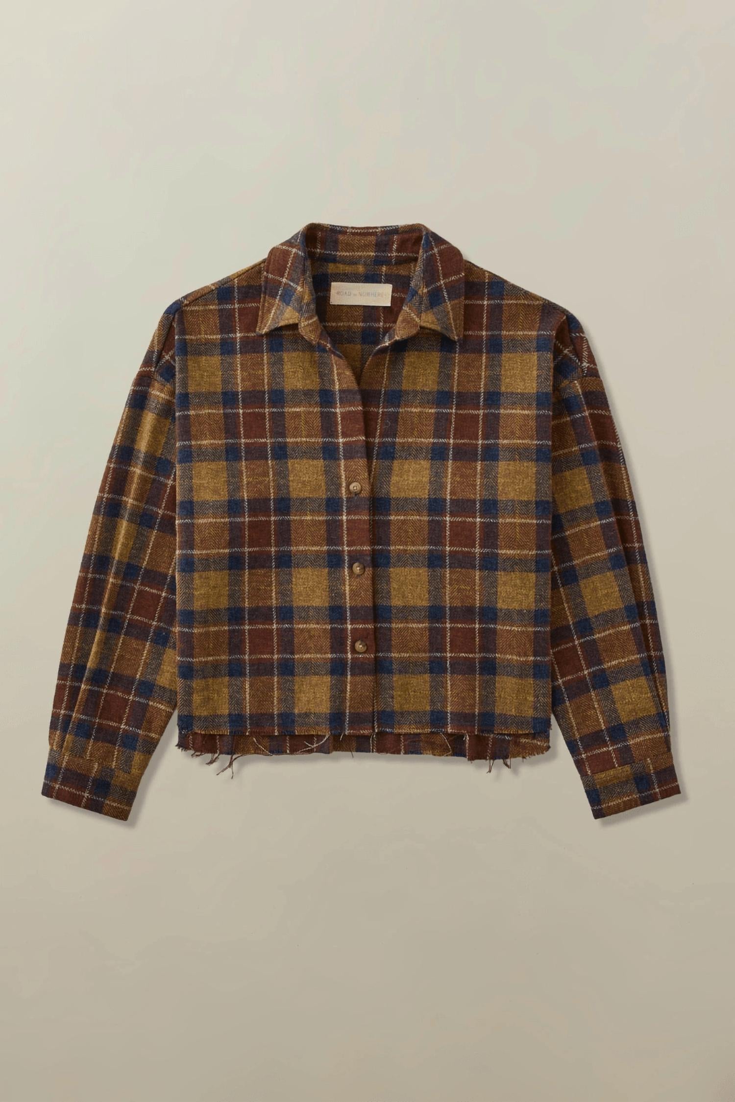 Road to Nowhere Remi Cropped Shirt in maroon plaid - women's shirt - detail view