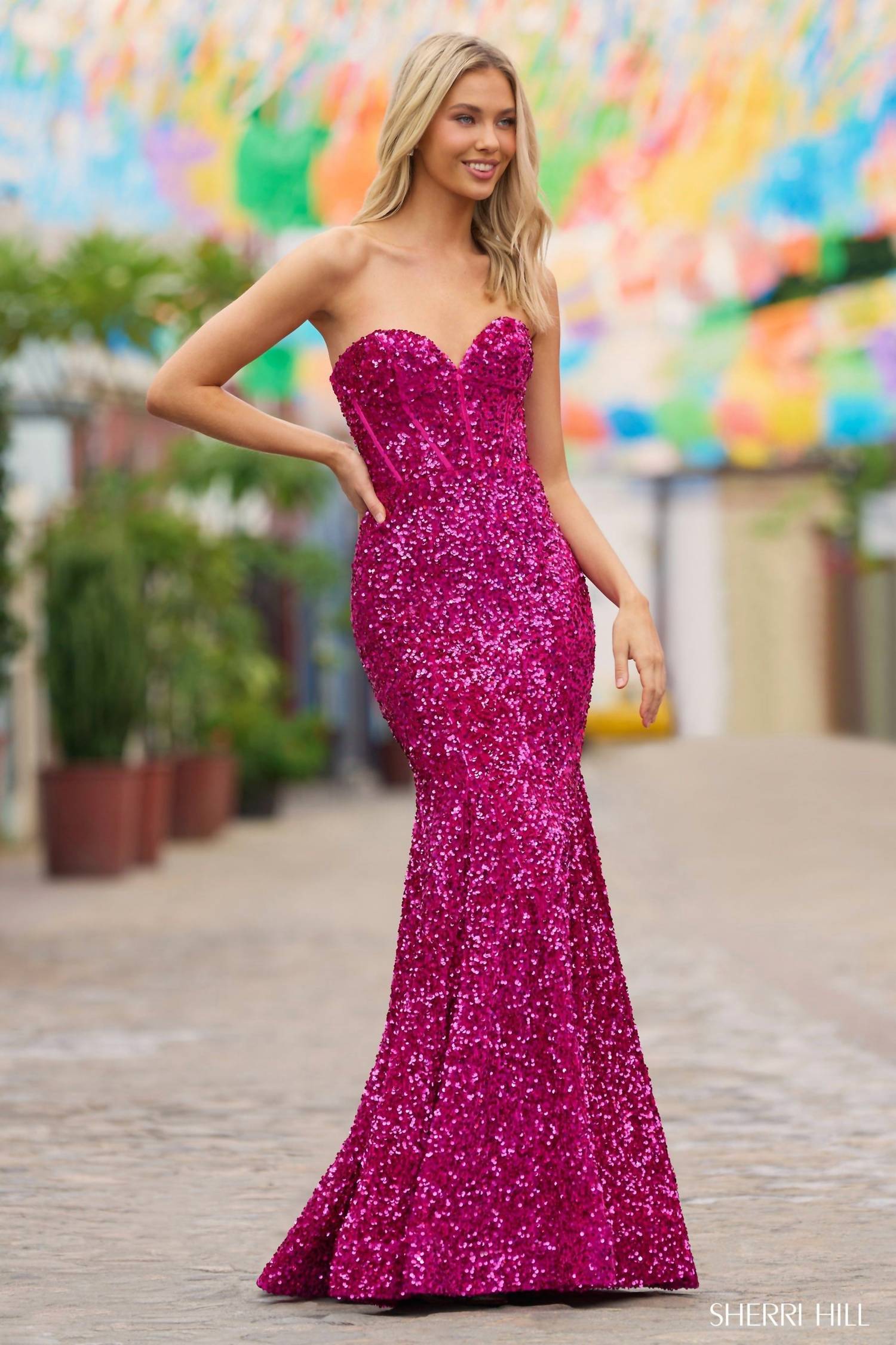 Sherri Hill - Strapless Sequin Velvet Gown
