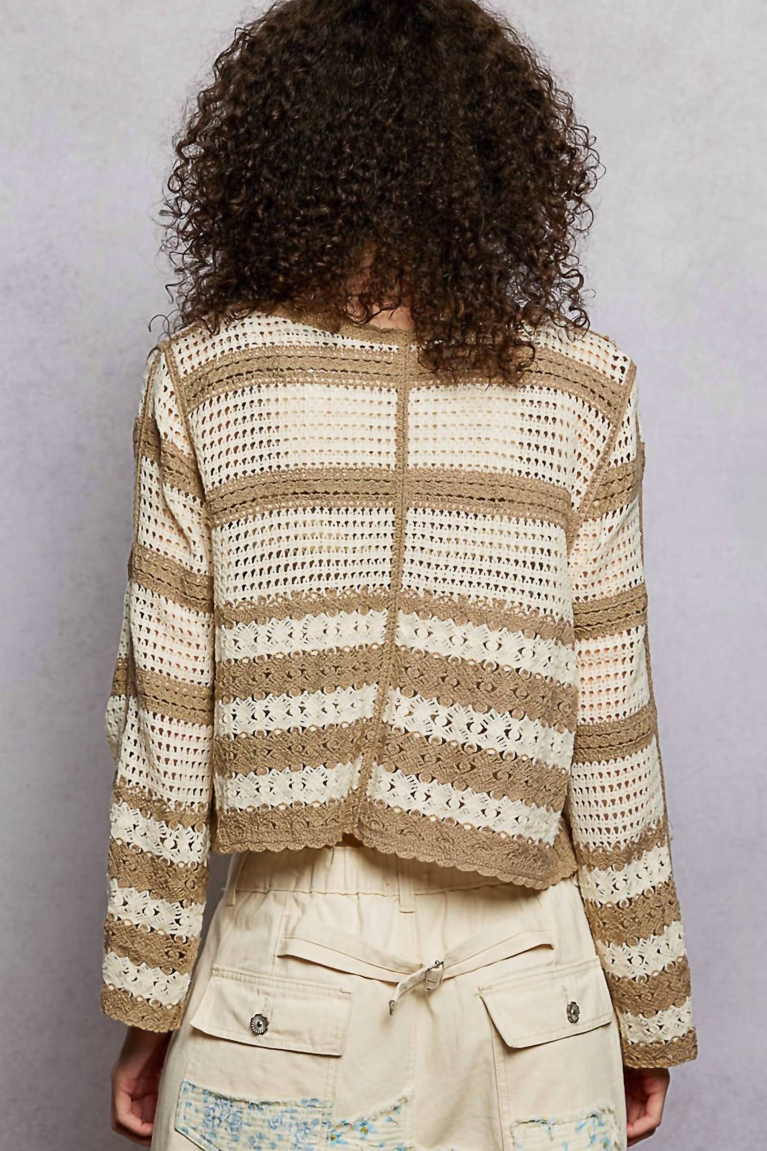 Pol - Sofia Floral Embroidery Crochet Striped Sweater