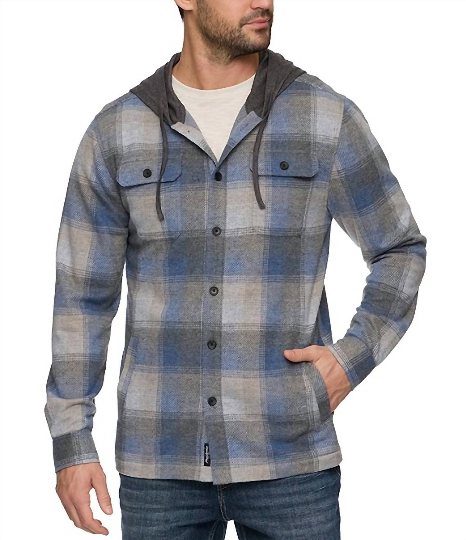 Flags & Anthem Poston Hero Hooded Knit Flannel Shirt Jacket in charcoal grey blue - men's jacket - detail view