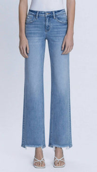 LOVERVET Mid Rise Full Length Distressed Hem Slim Wide Leg Jeans in medium wash - women's jeans