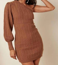 Macaron - Sweater Knit One Shoulder Long Sleeve Dress