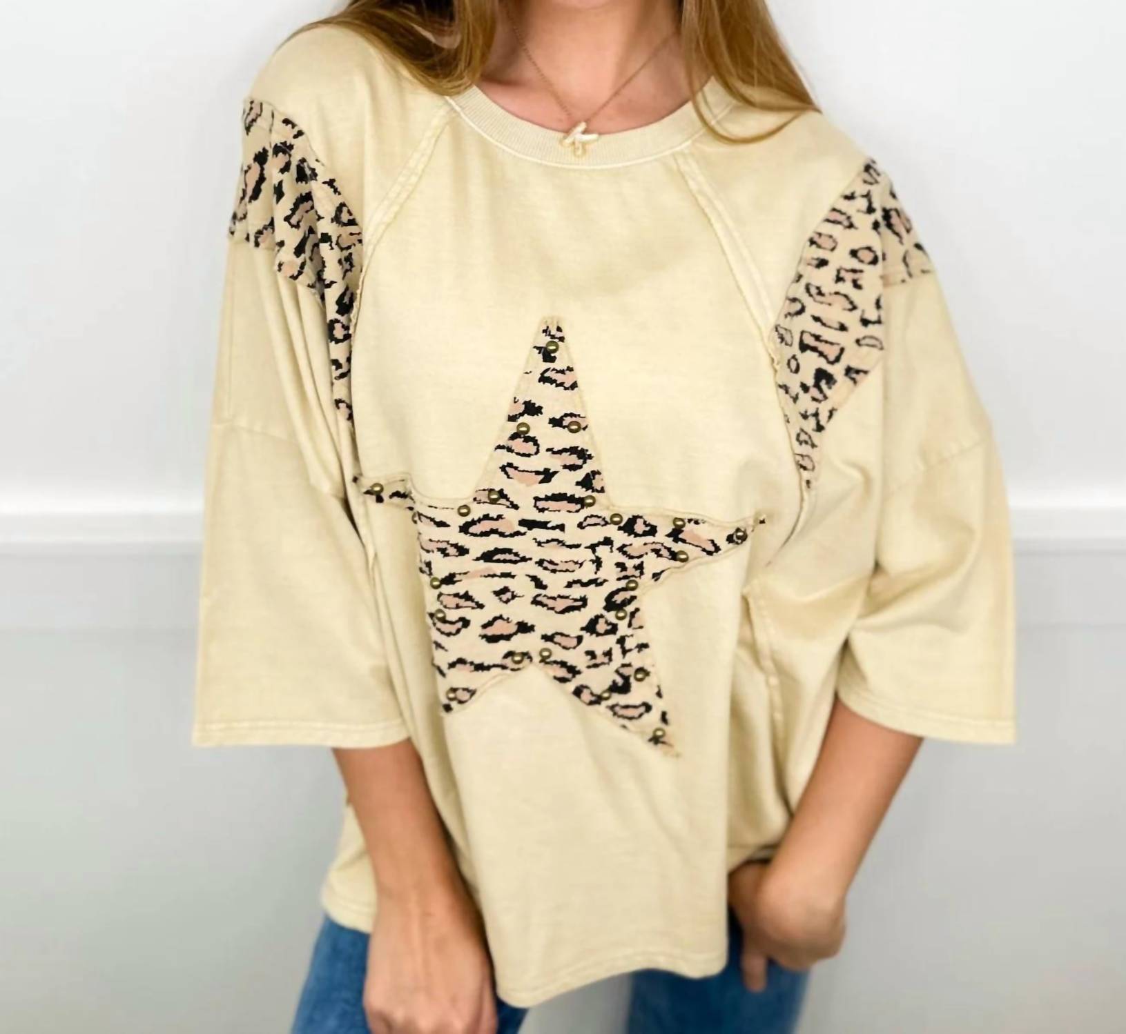 Easel - Making Moves Cotton 3/4 Sleeve Leopard Print Top