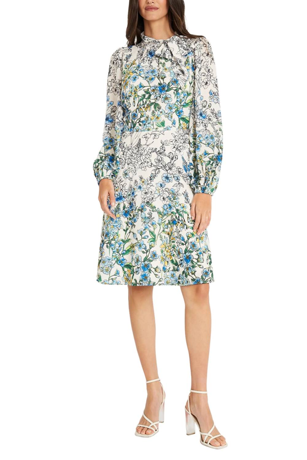 Maggy London - Long Sleeve Tie Neck Floral Dress