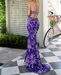 Rachel Allan Luxurious Stretch Satin Halter Gown in purple lilac - women's dress - detail view