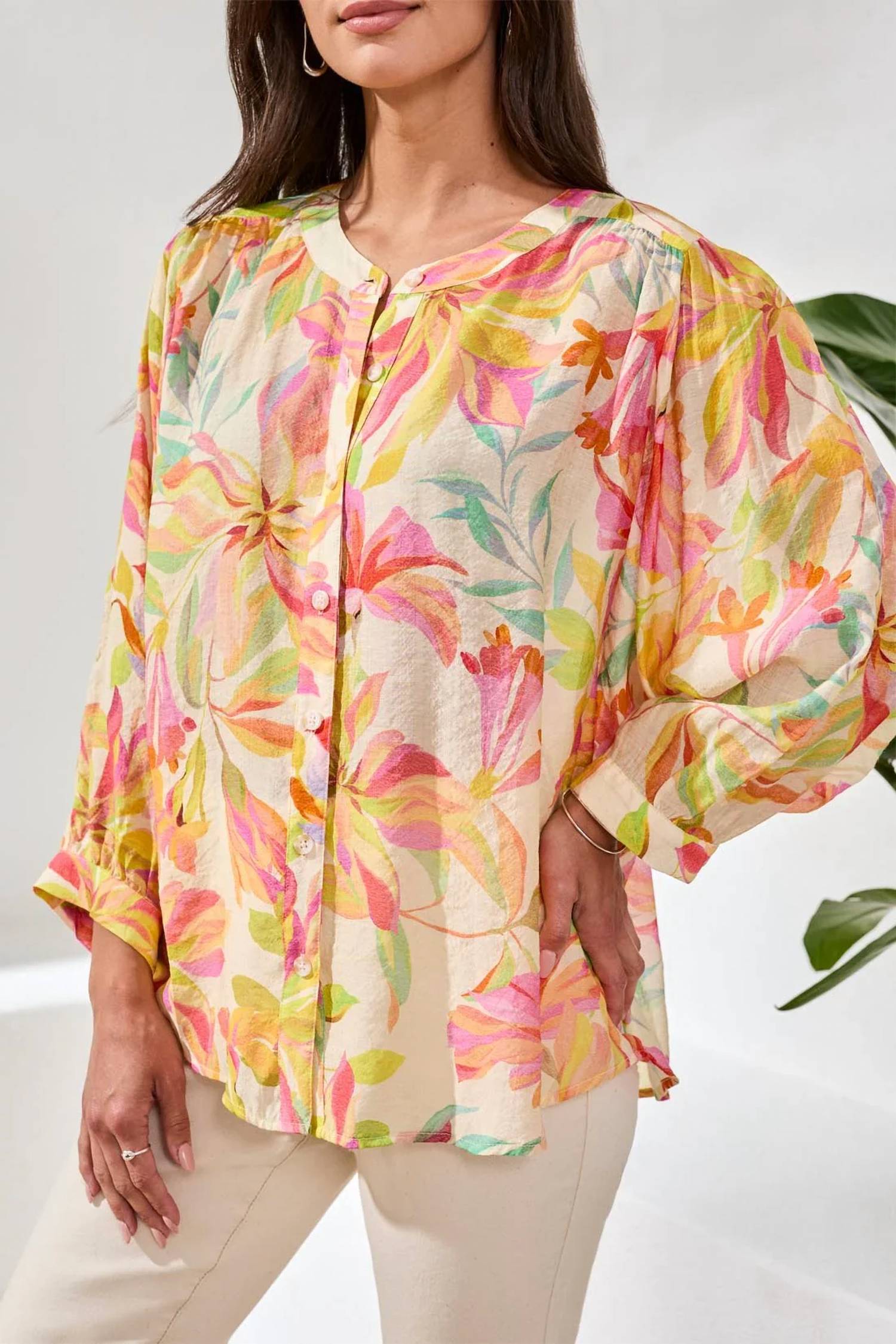Tribal - Felora Flowy Dolman Sleeve Blouse With Self-covering Buttons