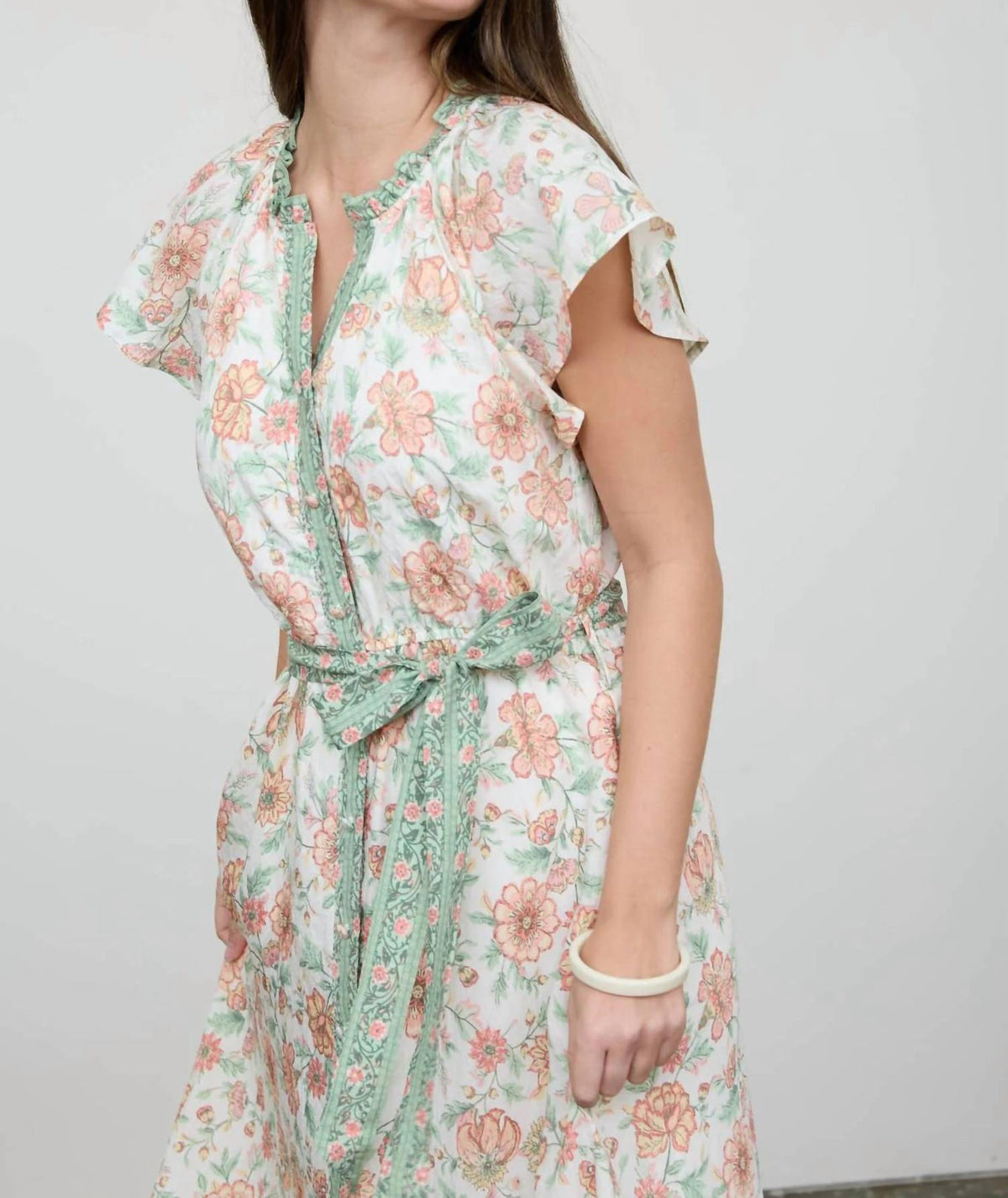 August Sky - Floral Border Print Belt Strap Midi Dress