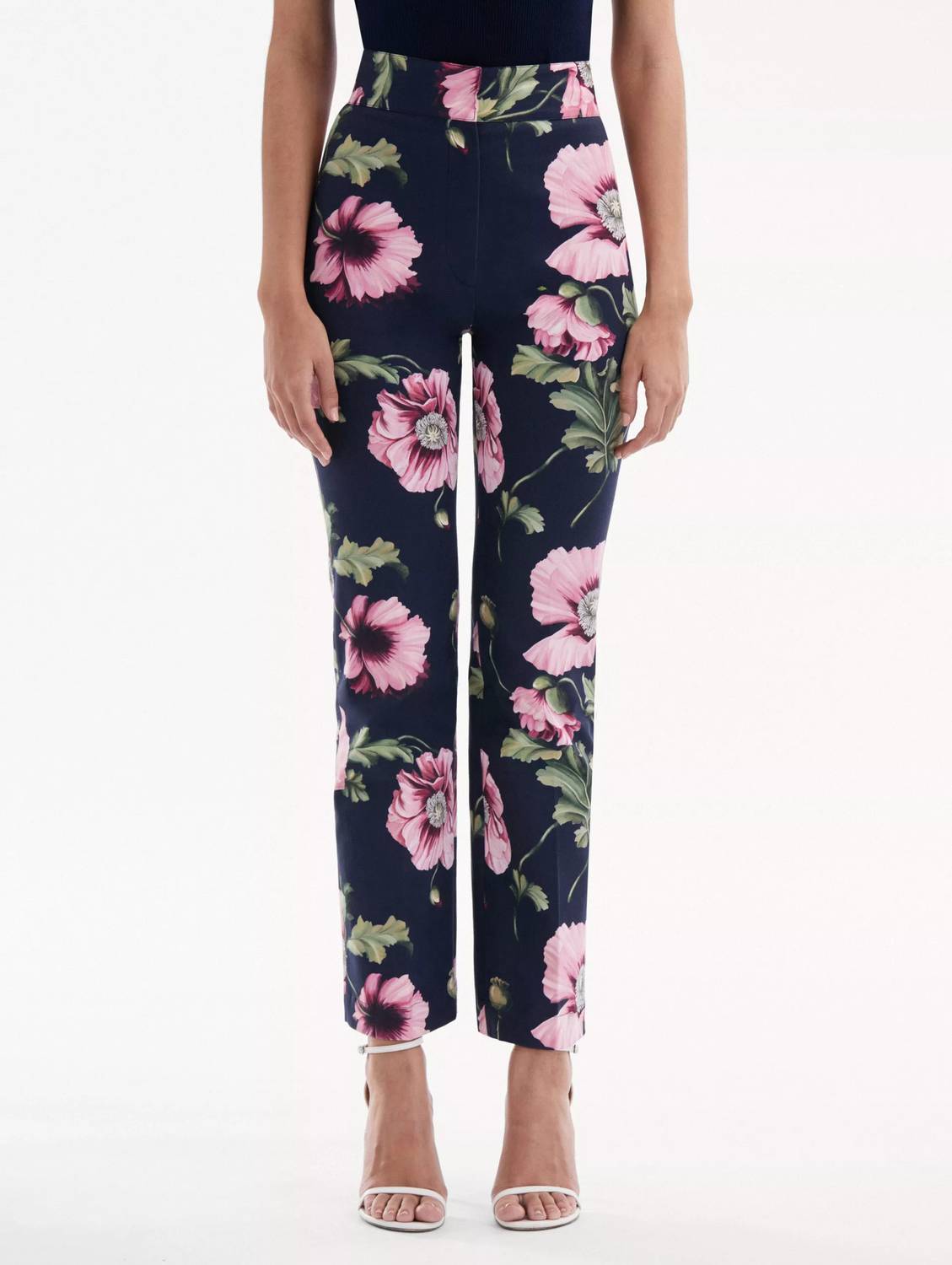 Oscar De La Renta - Zip Front Flare Leg Poppies Cotton Twill Pant