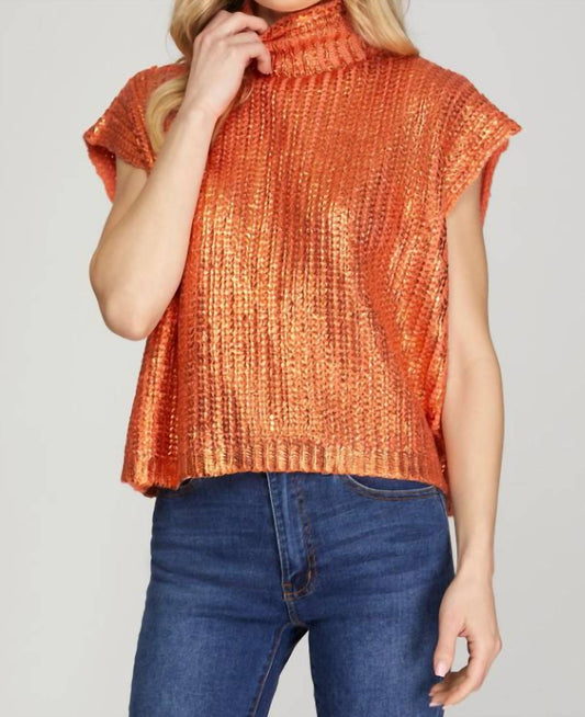 She + Sky - Metallic Foil Sleeveless Turtleneck Sweater Top