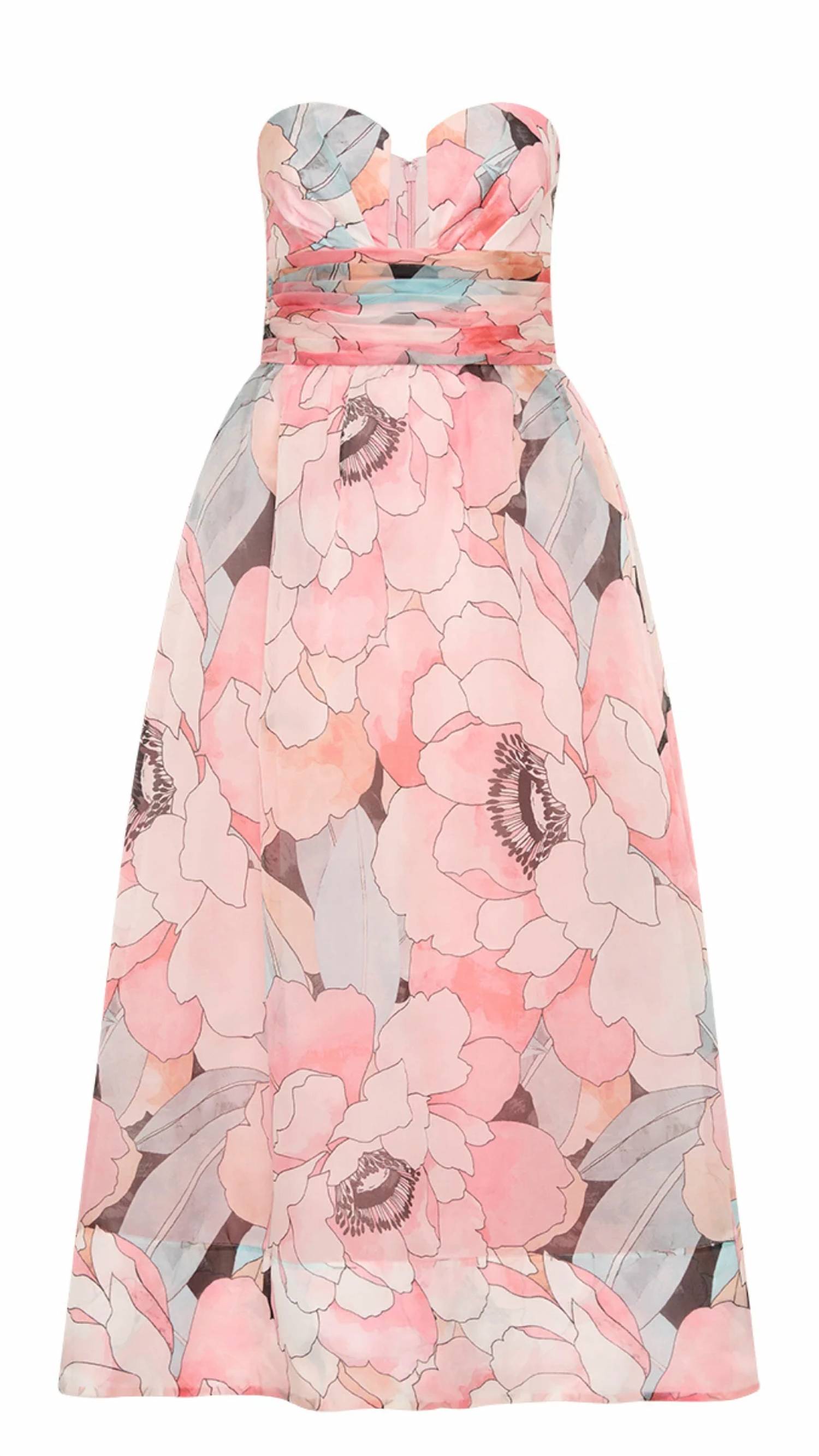 Rebecca Vallance - Strapless Gathered Floral-print Silk-organza Midi Dress