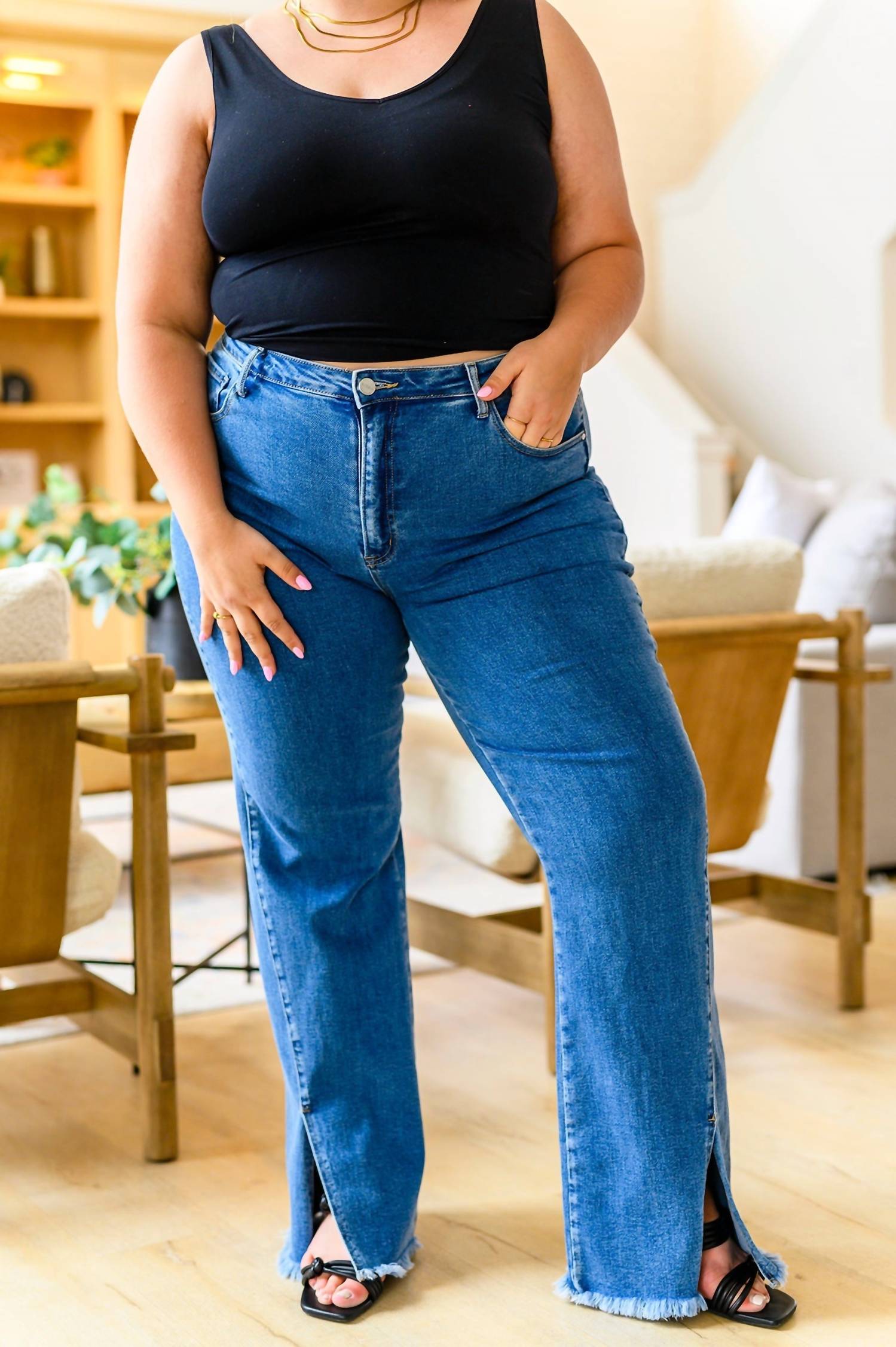 Risen - High Waist Split Hem Straight Leg Jeans - Plus