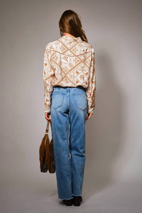 Blue B Western Printed Long Sleeve Button Up Shirt in off white rust - women's shirt - detail view