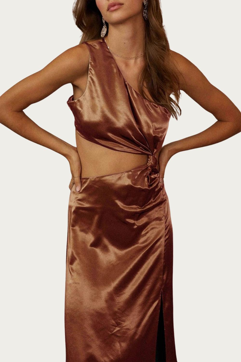 ONE-SHOULDER SATIN CUTOUT MIDI DRESS
