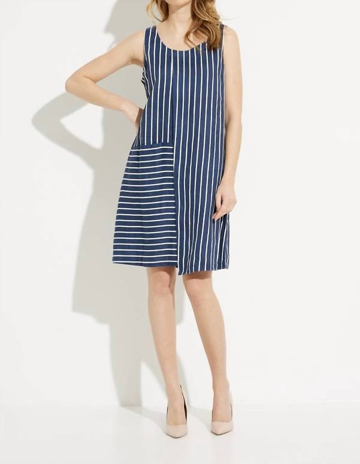 Charlie B - Linen Asymmetrical Stripe Dress with Front Pocket