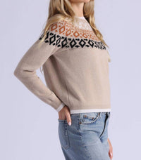 Minnie Rose Fair Isle Crew Neck Sweater in camel - women's sweater - detail view