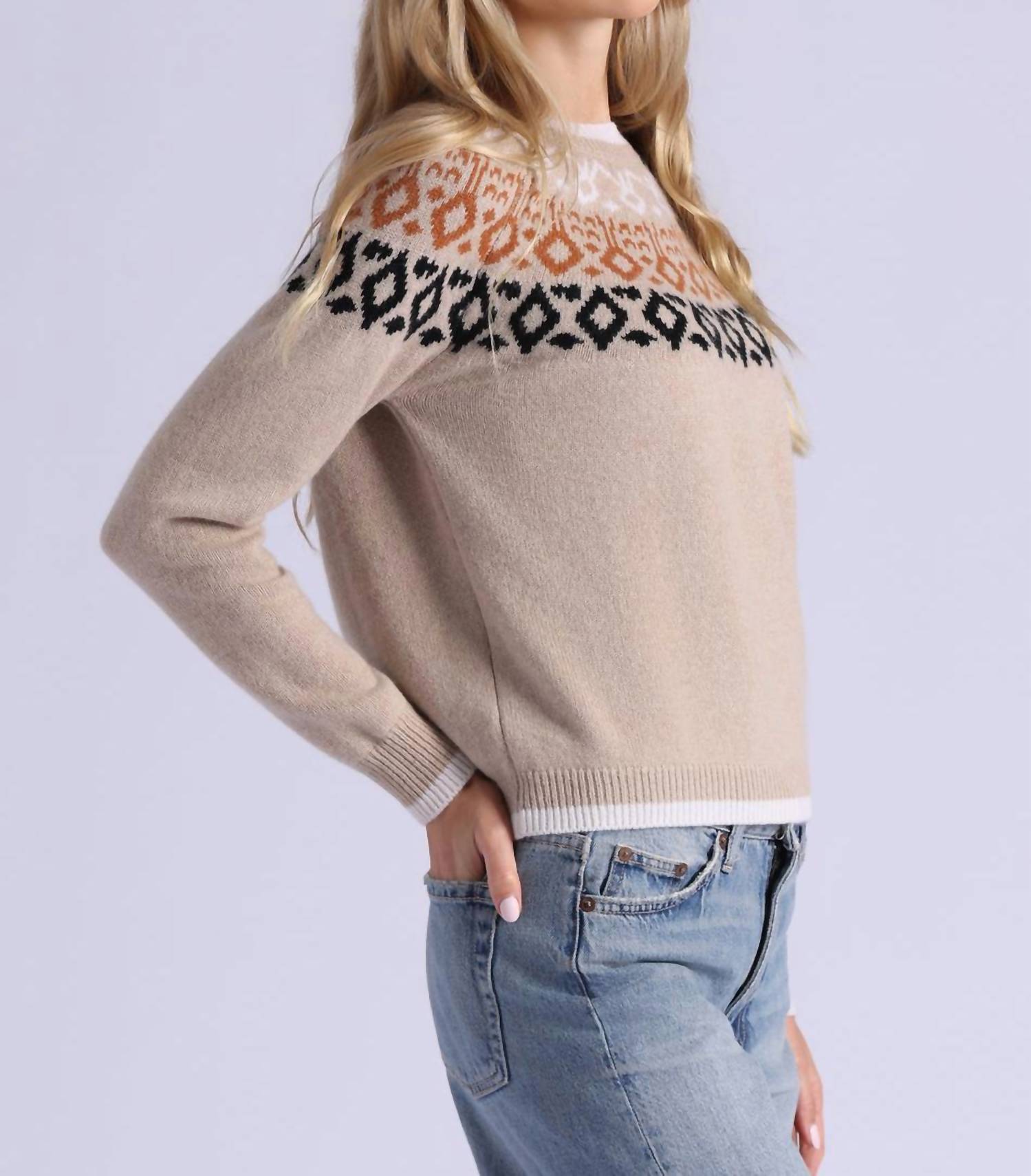 Minnie Rose Fair Isle Crew Neck Sweater in camel - women's sweater - detail view