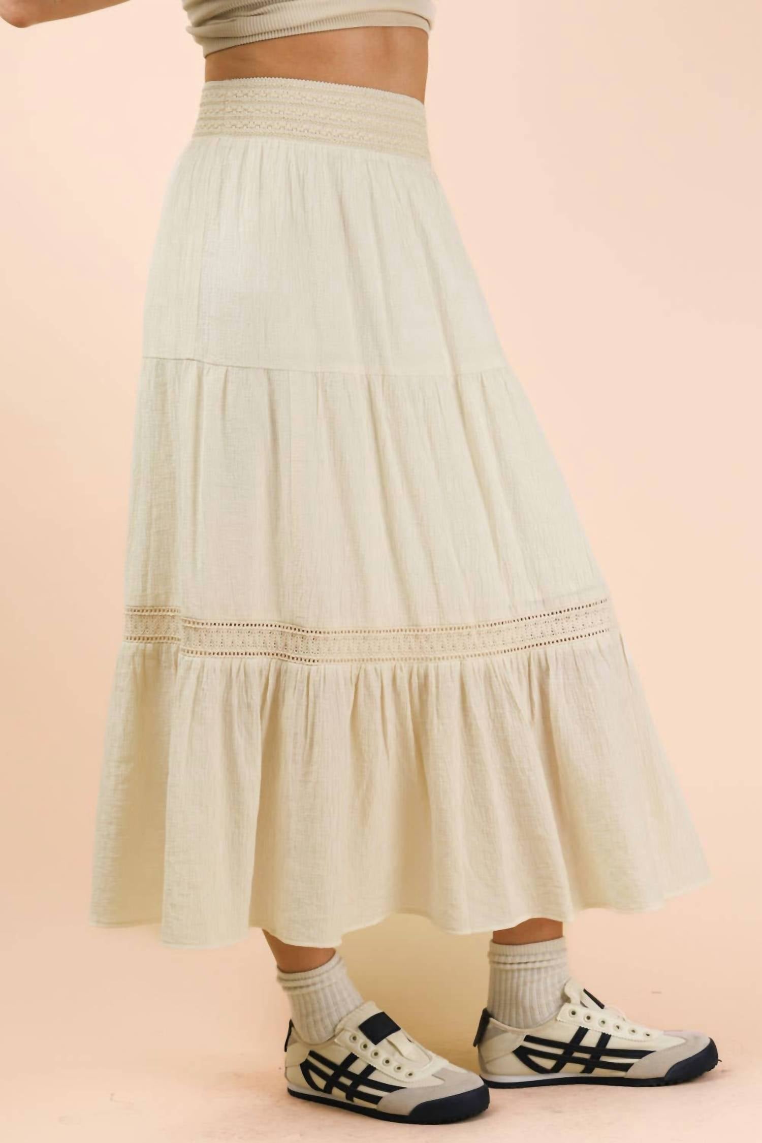 Very J - Tiered Layers Solid Woven Skirt With Lace Trim