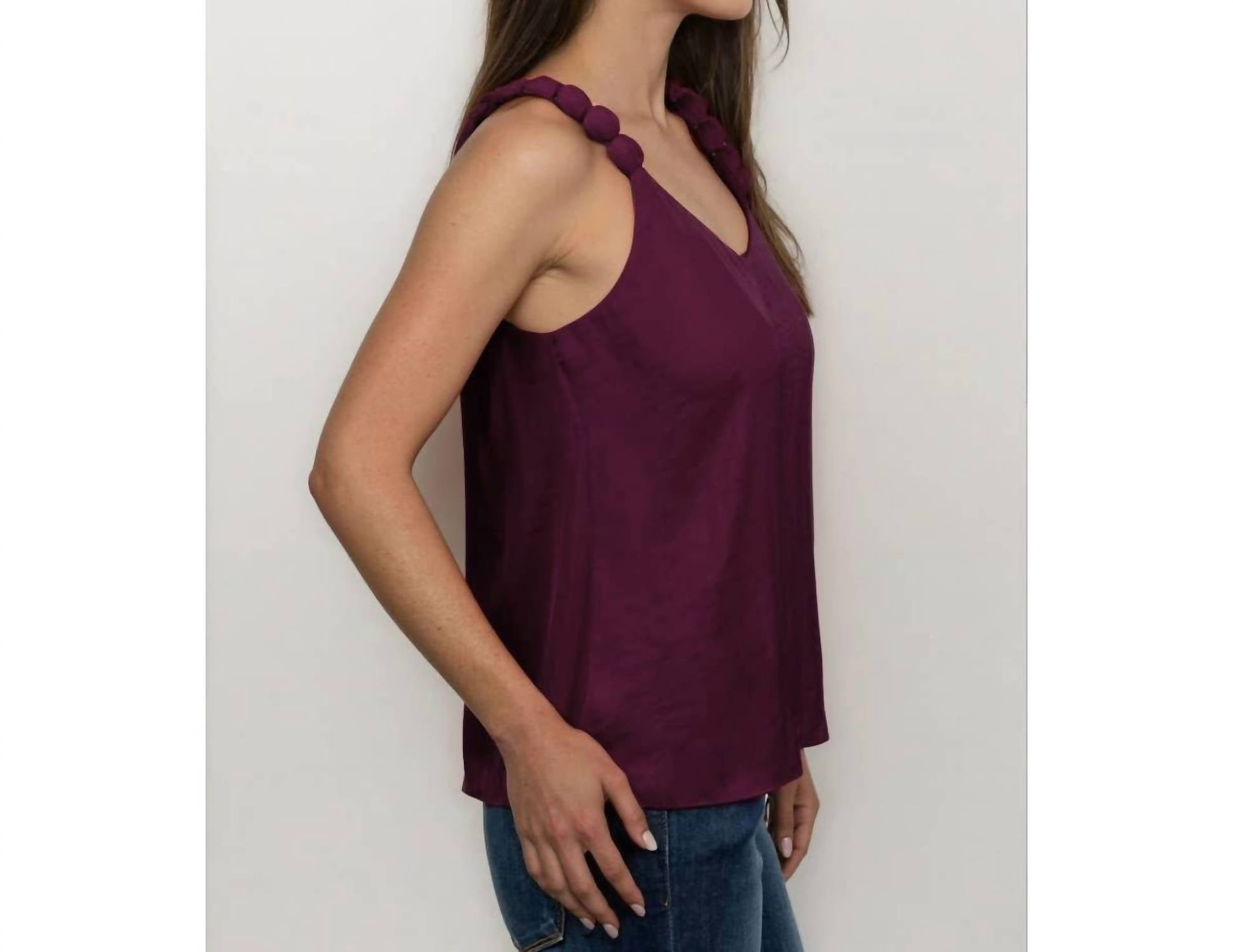 naked zebra V-neck With Strap Accent Tank in wine - women's tank top - detail view