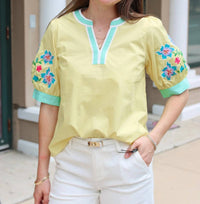 Jodifl - Embroidered Sleeve V-neck Top