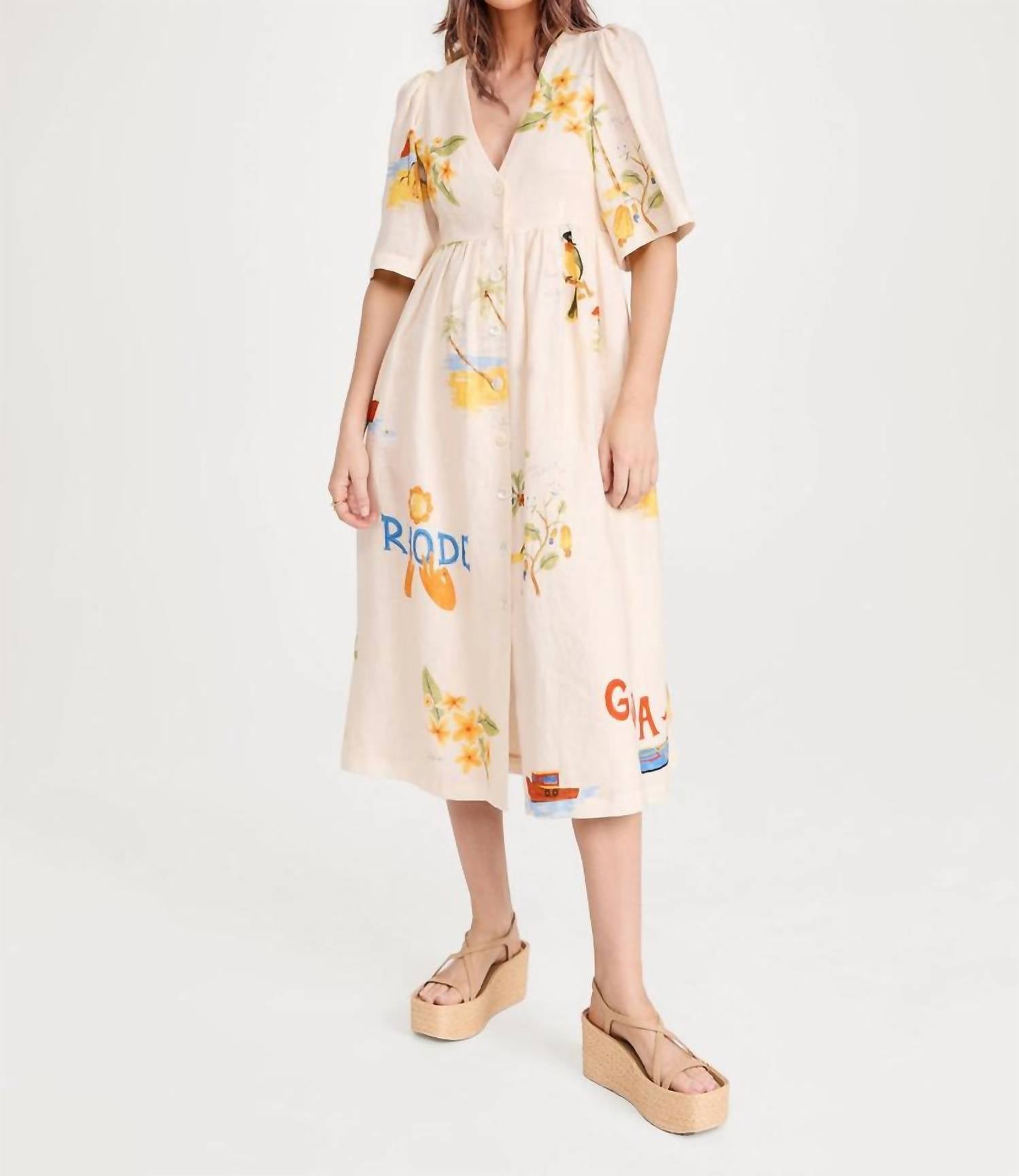Rosa Clothing Fashion Print V Neck Cute Loose Dress in apricot - women's dress - view 4