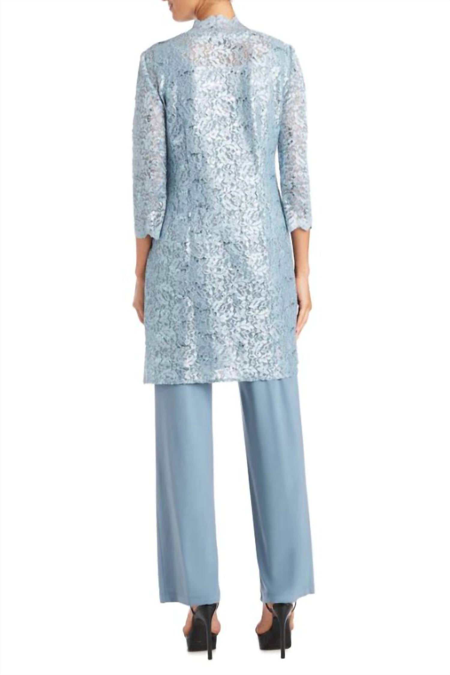R&M Richards - Metallic Lace Tank Top And Pant Set With Sheer Lace Jacket