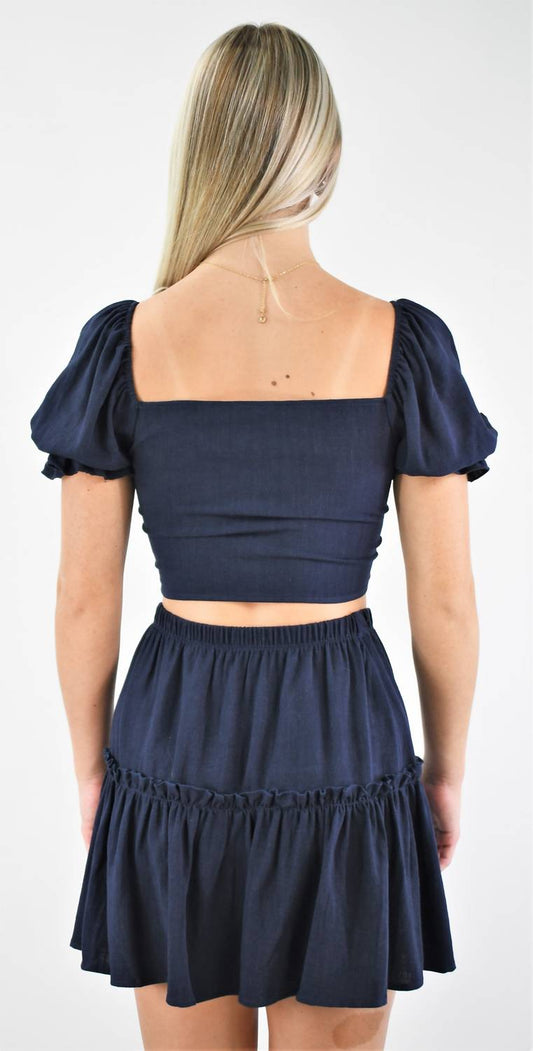 Blue Blush - Take It Away Front Tie Crop and Flounce Skirt Set