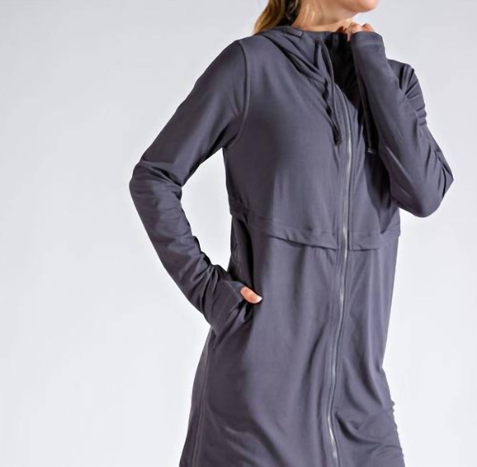 RAE MODE Long Hooded Active Jacket in titanium - women's jacket - detail view