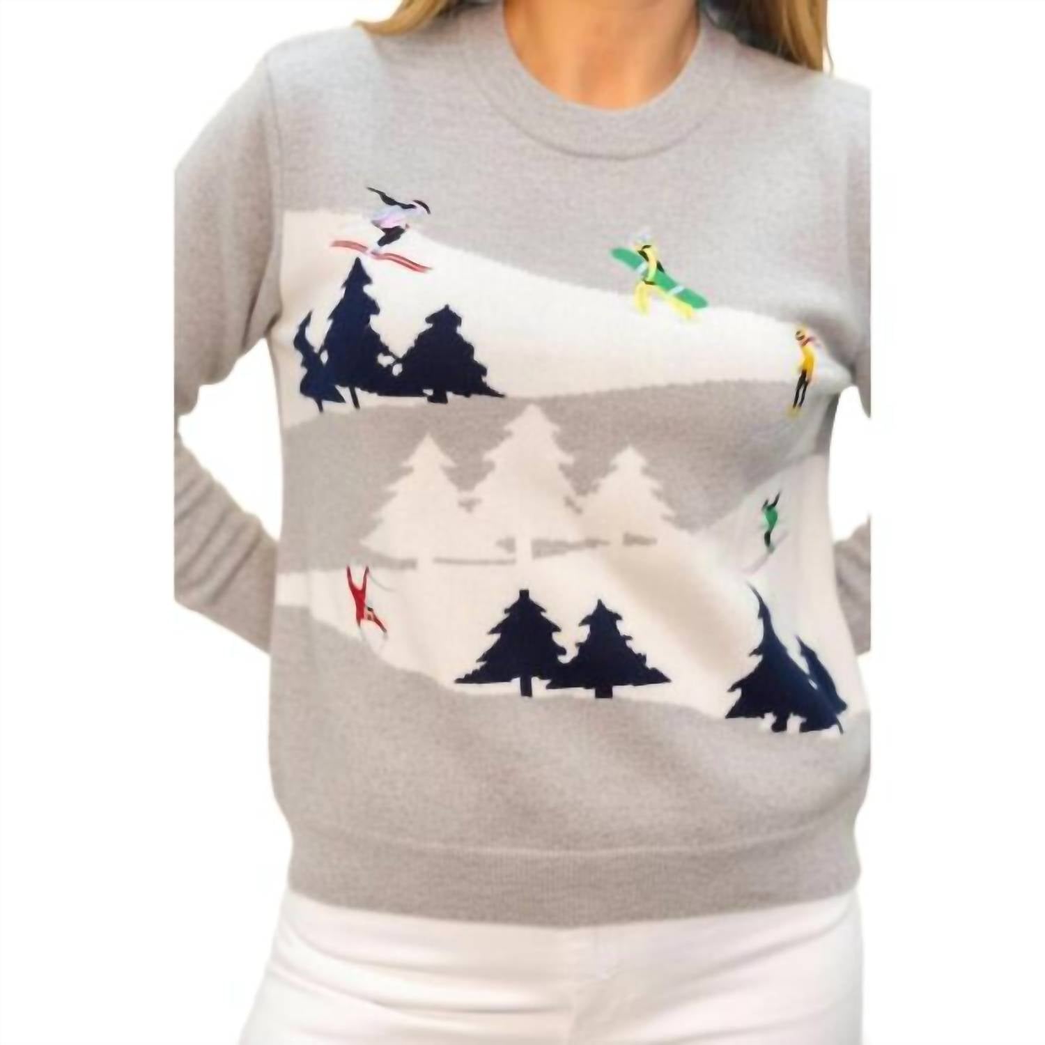 Autumn Cashmere Snowscape Skiers Crew Sweater in grey - women's sweater